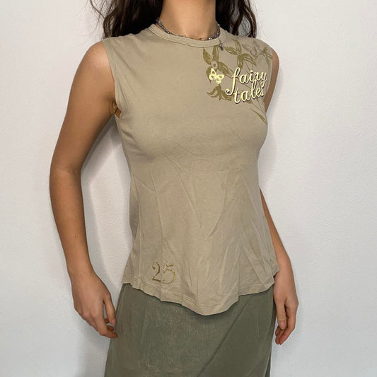 Y2K Khaki Backless Top with Text “Fairy Tales”