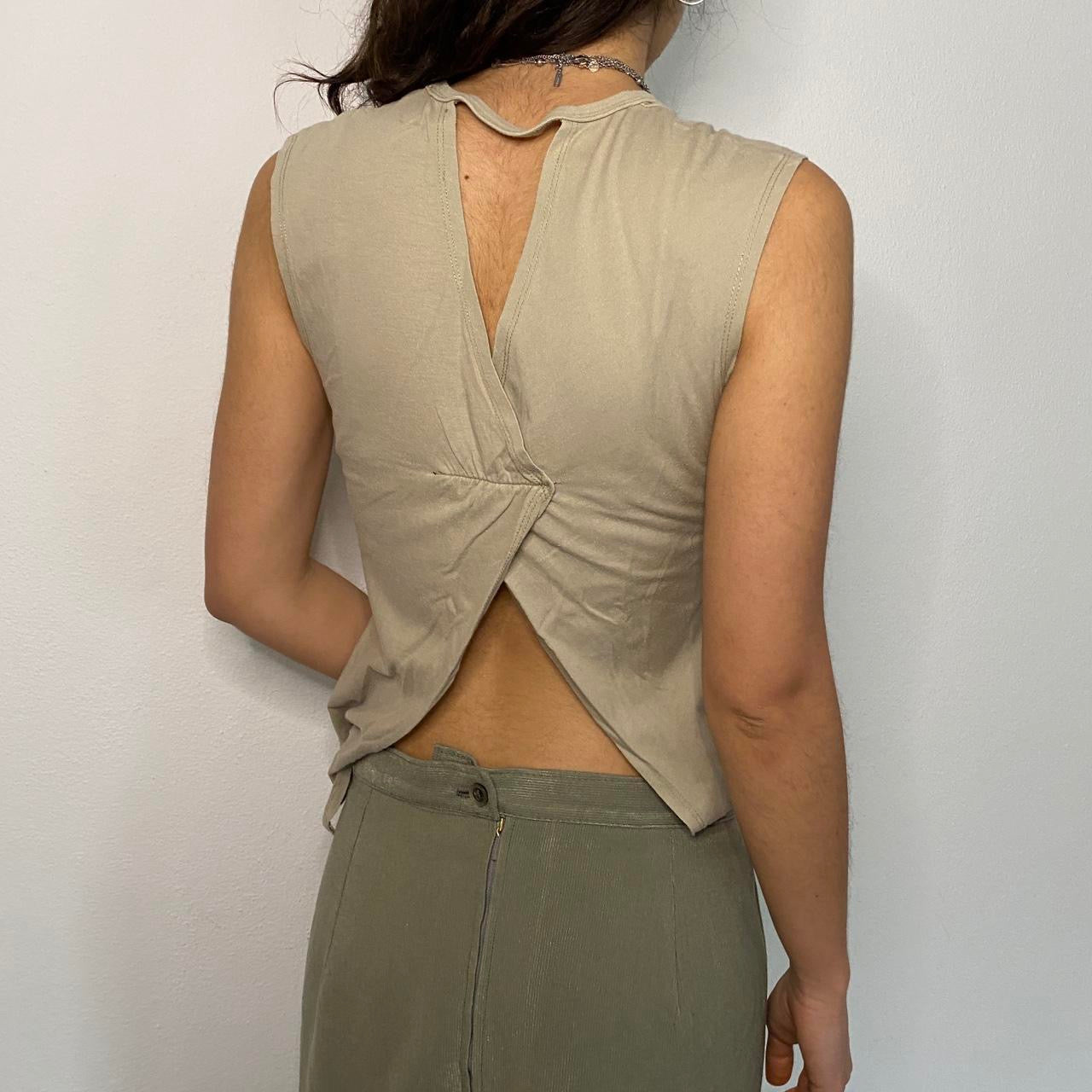 Y2K Khaki Backless Top with Text “Fairy Tales”