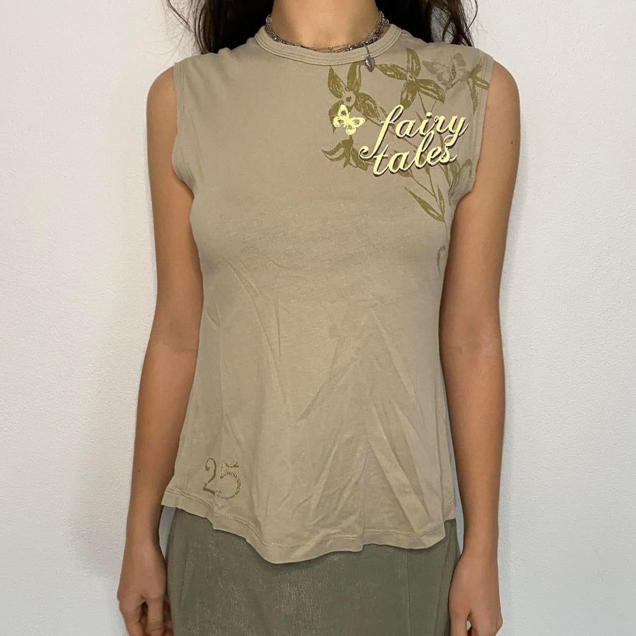 Y2K Khaki Backless Top with Text “Fairy Tales”