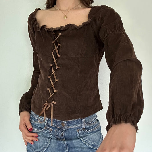 Vintage Brown Corduroy Lace up Shirt