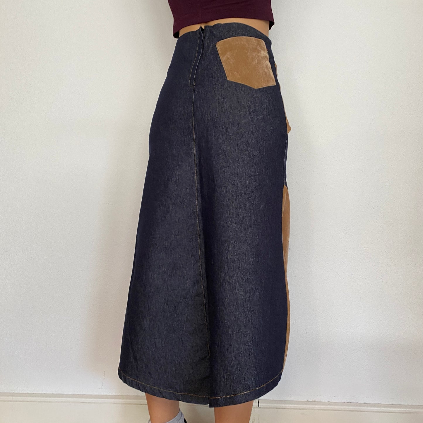Y2K Denim Midi Skirt with Velvet Patchwork