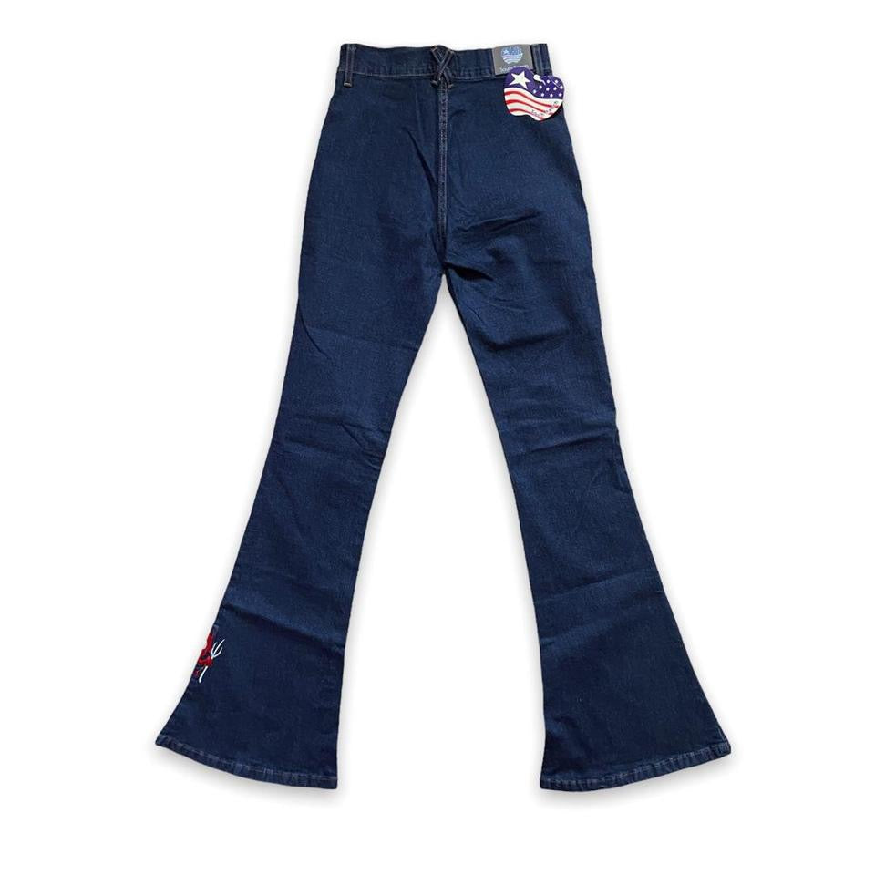 Y2K Deadstock Devil Graphic Embroidery Bell Bottom Flared Jeans